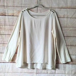 J.Jill Size 1X Button Shoulder Tee 3/4 Roll Tab Sleeve Scoop Neck Off White Top.